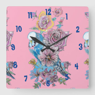 Carrée Horloge de bureau Blue Budgie Watercolor Pink Wome