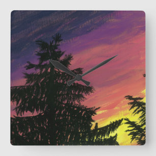 Carrée Horloge de Cèdre et Coucher de Soleil