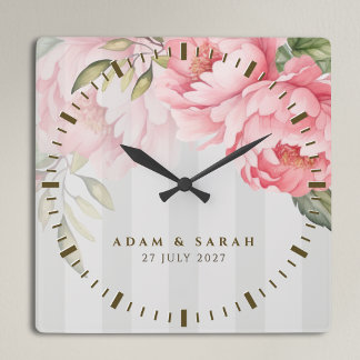 Carrée Horloge de mariage vert sauge Pivoine | Cadeau flo