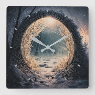 Carrée Horloge de mur de forêt enchantée