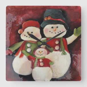 Carrée Horloge de Noël de famille de bonhomme de neige