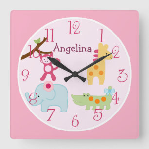 Carrée Horloge de nurserie personnalisée Animaux de la ju