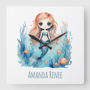 Carrée Horloge de nurserie pour bébé Mermaid Kids