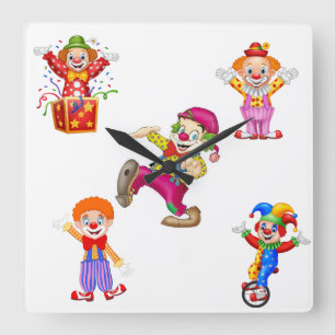 Carrée horloge de paroi avec des clowns