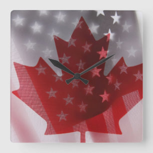 Carrée Horloge des drapeaux américains et canadiens