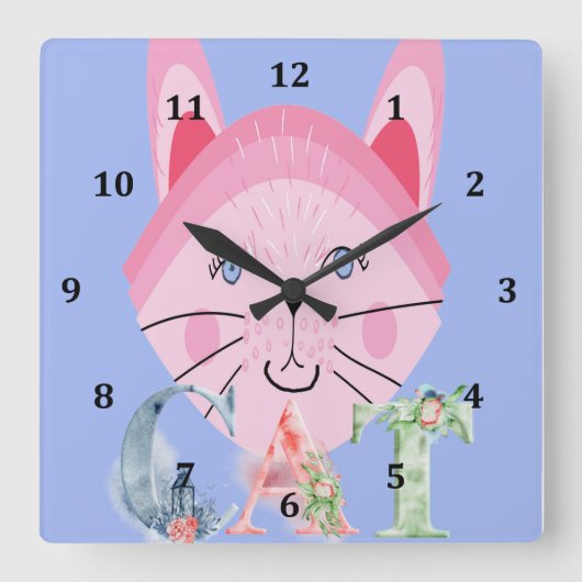 Carrée Horloge des enfants avec chat rose mignon (Recto)