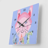 Carrée Horloge des enfants avec chat rose mignon (Angle)