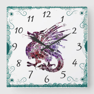 Carrée Horloge Dragon Art Chinois Rouge et Violet