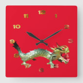 Carrée Horloge - Dragon oriental sur rouge (Recto)