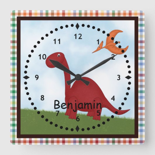 Carrée Horloge du mur de dinosaures rouges pour enfants (Recto)