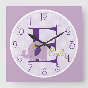 Carrée Horloge éléphant à la lavande personnalisée
