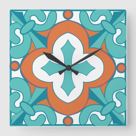Carrée Horloge en mosaïque Talavera - Orange & Turquoise (Recto)