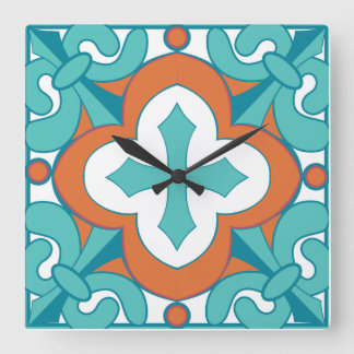 Carrée Horloge en mosaïque Talavera - Orange & Turquoise