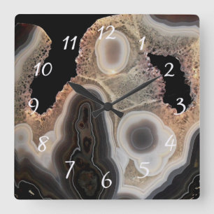 Carrée Horloge en pierre gemme de marbre faux agate noir
