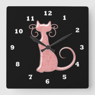 Carrée horloge en sillohette rose chat