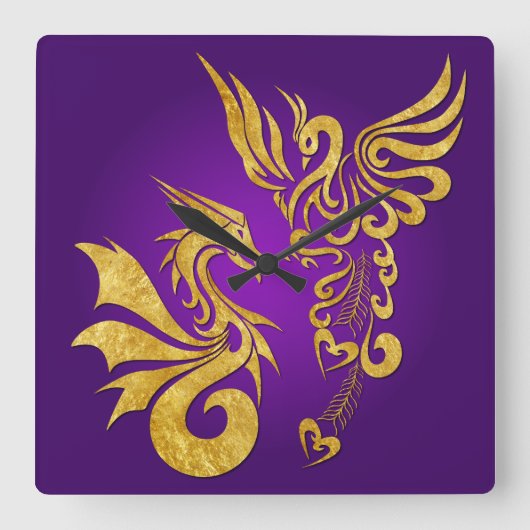 Carrée Horloge Feng Shui Golden Phoenix & Dragon - violet (Recto)
