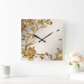 Carrée Horloge Feuille fleurie dorée (Maison)