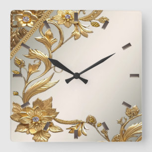 Carrée Horloge Feuille fleurie dorée