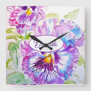Carrée Horloge Fille Motif Fleur De Pensée Mauve Aquarell
