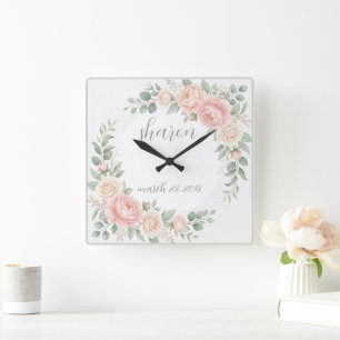 Carrée Horloge florale personnalisable Aquarelle Fleur Mu