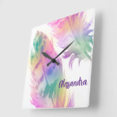 Carrée Horloge Hipster Rainbow Feathers (Angle)