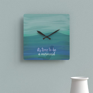 Carrée Horloge Mermaid Teal Aquarelle Moderne