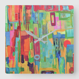 Carrée Horloge Mur Orange Sunshine