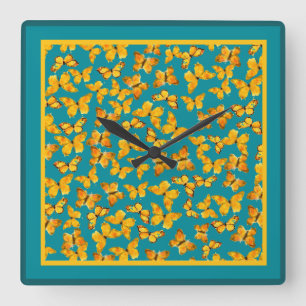 Carrée Horloge murale, Papillons dorés sur Turquoise