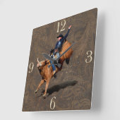 Carrée Horloge Occidentale À Thème Rodeo Cowboy Bull (Angle)