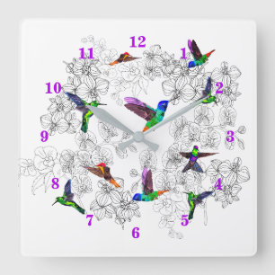 Carrée Horloge Oiseaux de Printemps - Colibris