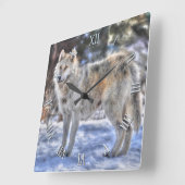 Carrée Horloge photo Silver Wolf & Snow (Angle)