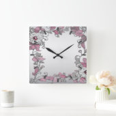 Carrée Horloge Pink Argent Blanc Floral Mur (Maison)