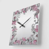 Carrée Horloge Pink Argent Blanc Floral Mur (Angle)