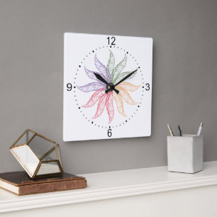 Carrée Horloge - Plumes colorées