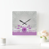Carrée Horloge rose Dentelle Argent/Pourpre Damas (Maison)