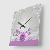 Carrée Horloge rose Dentelle Argent/Pourpre Damas (Angle)