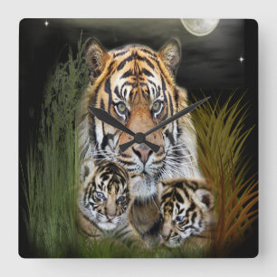 Carrée Horloge Tigre et petits
