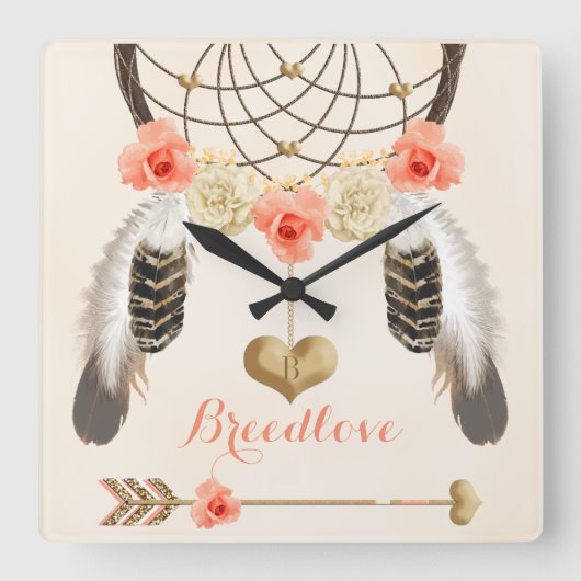 Carrée Horloge tribale Boho avec Dreamcatcher et Feathers (Recto)