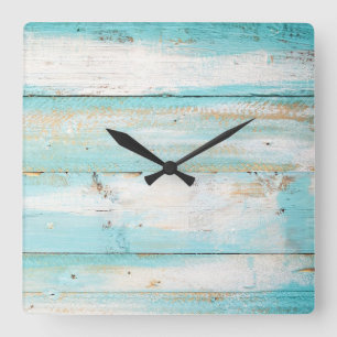 Carrée Horloge turquoise de couleur de plage en bois