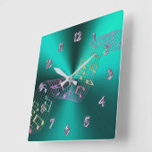 Carrée Horloge turquoise des notes de musique métallique (Angle)