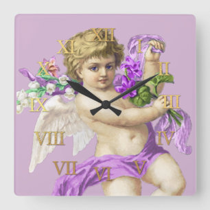 Carrée Horloge vintage Chiffres romains Cherub Purple