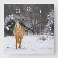 Horse Blonde Marcher Dans La Mur De Neige Horloge