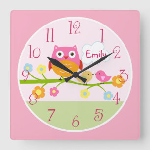 Carrée Inséparables et hibou sur Branche Horloge bébé pou