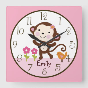 Carrée Jungle Fille Singe Enfant bébé Horloge de la pépin