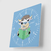 Carrée Lecture du dessin Vache Boy Blue Carré Horloge mur (Angle)