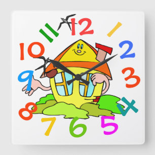Carrée Maison colorée Thème Enfants Chambre Mur Horloge