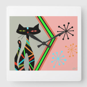 Carrée Moyenne siècle moderne horloge chat atomique maiso