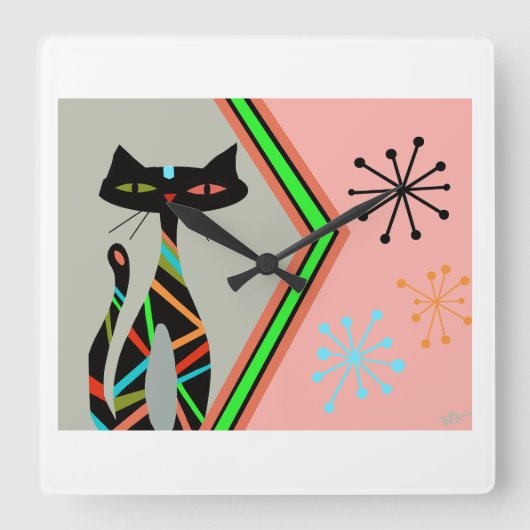 Carrée Moyenne siècle moderne horloge chat atomique maiso (Recto)