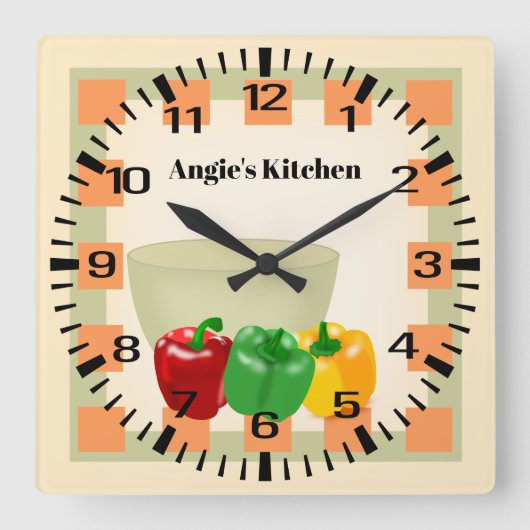 Carrée Nom personnalisé Pepper Veggie Bowl Horloge de cui (Recto)