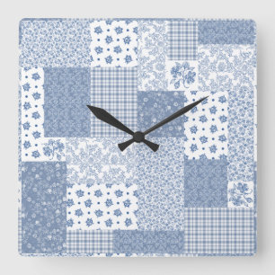 Carrée Nostalgique Indigo Faux Patchwork Carré Horloge mu
